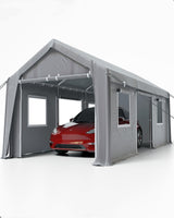 Garvee Carport 10'x20' Portable Garage, Reinforced Steel Poles and 180g PE Heavy Duty & Waterproof Canopy, 4 Roll-up Doors, 4 Ventilated Windows, for Pickup, Boat, and Equipment, Silver Gray - Grey