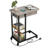 Garvee C Shaped Side Table with Charging Station, Flip Top Sofa End Table with USB Ports and Outlets for Living Room & Bedroom, Narrow Side Table with 3 Tier Storage Shelf for Small Spaces- Grey - Grey