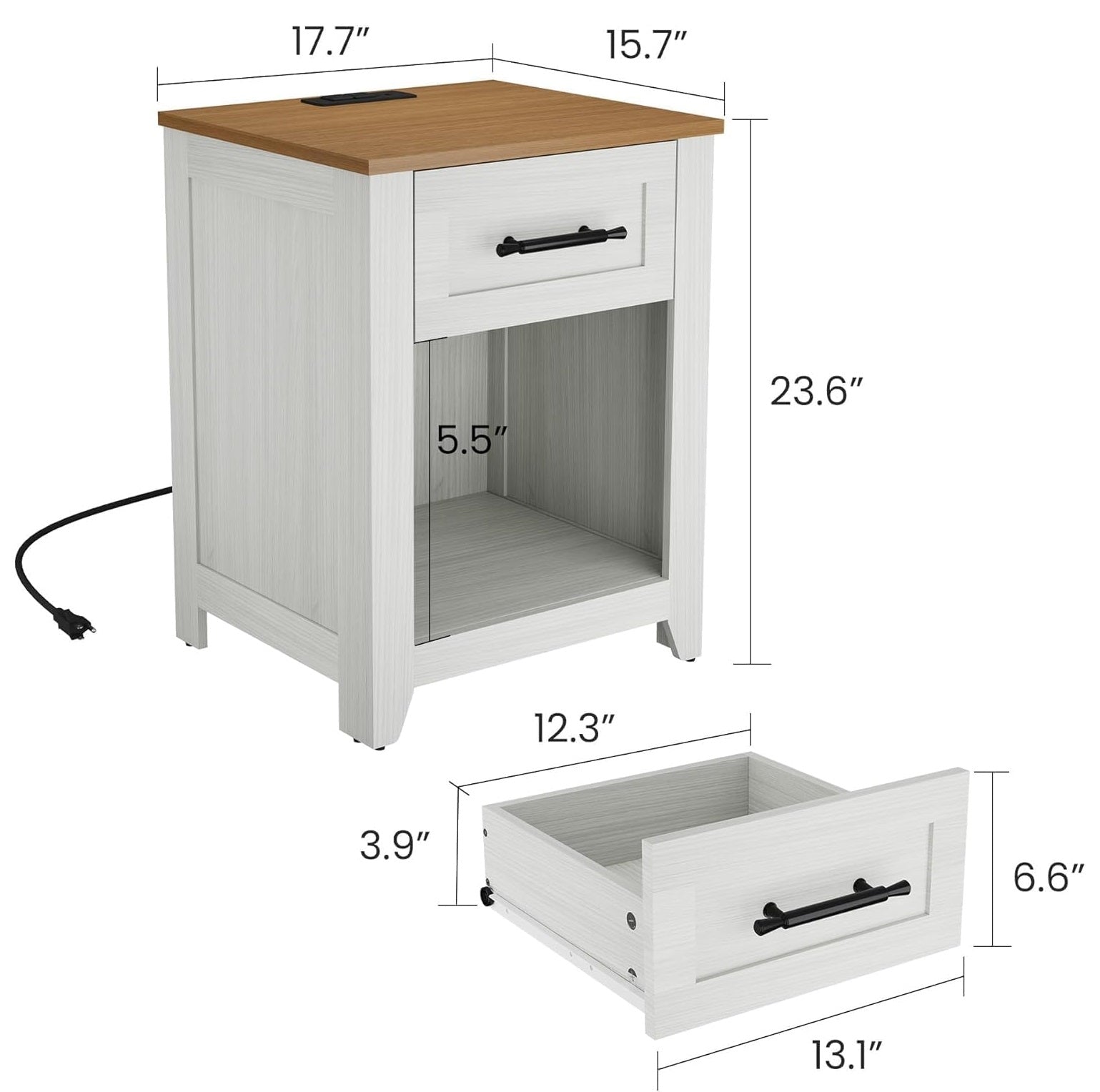 Garvee Farmhouse Nightstand with Charging Station, 1 Drawer Bedside Table with USB Type-c and AC Outlets, MDF End Table with Open Storage Shelf for Bedroom Living Room, Color-Blocking, 1PCS