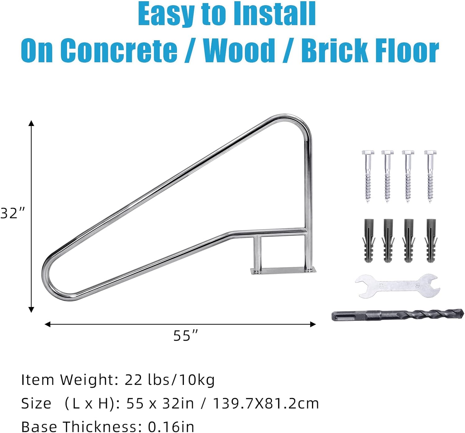 Garvee Pool Rail 55"x 32", 304 Stainless Steel 385LBS Load Capacity Silver Rustproof Pool Handrail for Inground Pool with Blue Grip Cover & Accessories