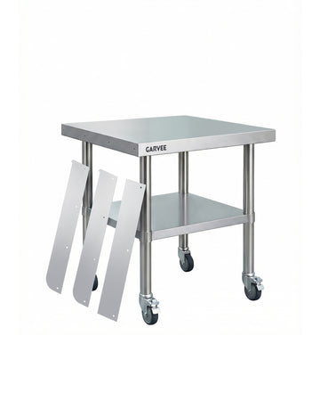 Garvee Stainless Steel Work Table, 24x24x26 Inch Commercial Food Prep Worktable with Wheels, Detachable 3-Sided Backsplash & Height-Adjustable Shelf, Heavy Duty Workbench for Kitchen Restaurant Garage