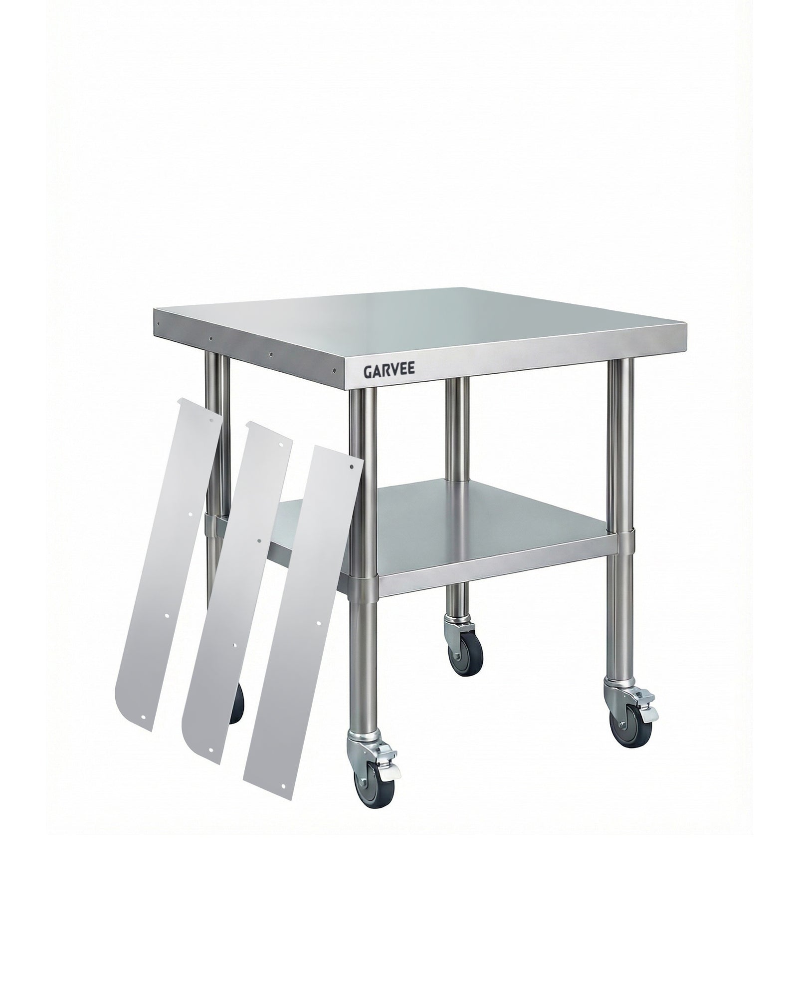 Garvee Stainless Steel Work Table, 24x24x26 Inch Commercial Food Prep Worktable with Wheels, Detachable 3-Sided Backsplash & Height-Adjustable Shelf, Heavy Duty Workbench for Kitchen Restaurant Garage