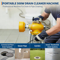 Garvee Drain Auger Sewer Snake Portable Electric Drain Cleaner with Auto Feed, 500W Motor, Steel Cables & 6 Cutters, Heavy-Duty Steel, Yellow, for 1.6-4" Pipes, Home & Professional Use