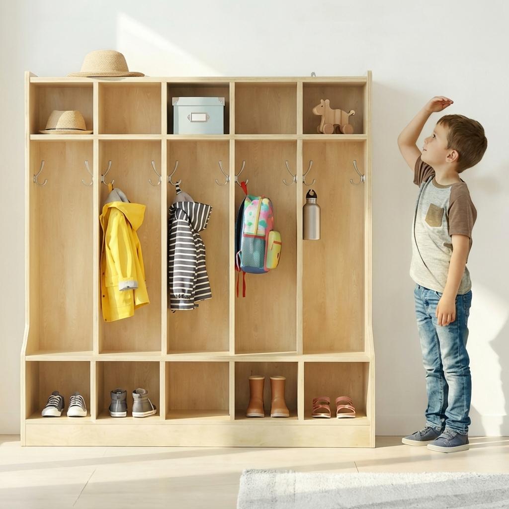 Garvee 47.5" Kids Coat Locker with Bench 10 Cubbies for Classroom Nursery Home, Smooth Wood Surface, Natural