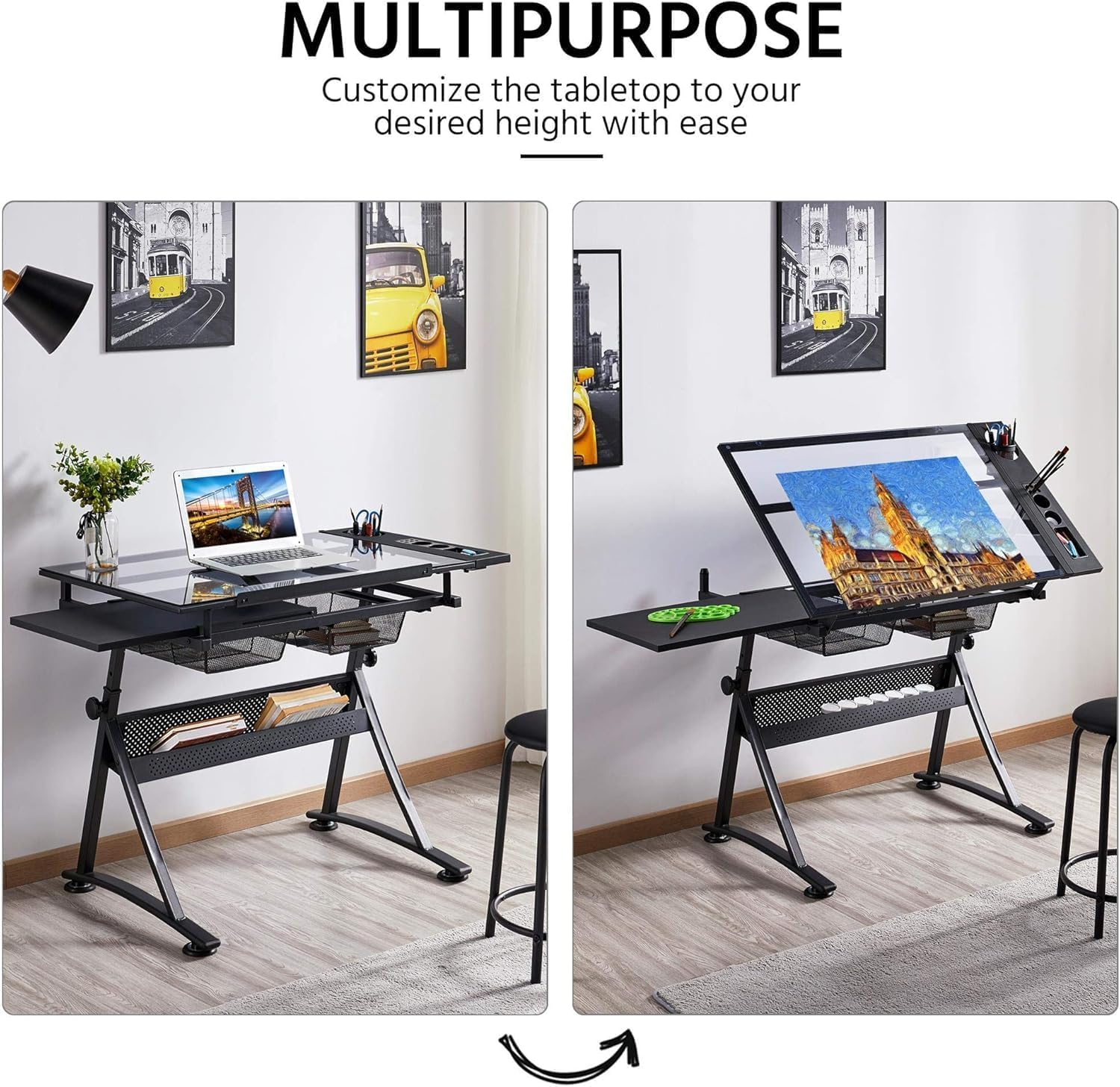 Garvee Drafting Table Adjustable Height Tilting Glass Top Steel Frame 2 Drawers Stool Black Home Office Art Craft