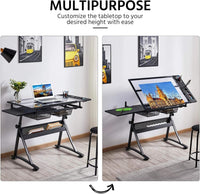 Garvee Drafting Table Adjustable Height Tilting Glass Top Steel Frame 2 Drawers Stool Black Home Office Art Craft