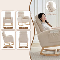 Garvee Nursery Wingback Rocking Glider Chair, Upholstered Accent Rocker Chair, Tall Back Arm Chair with Pockets, Rubber Wood Legs and Side Pocket for Living Room, Beige