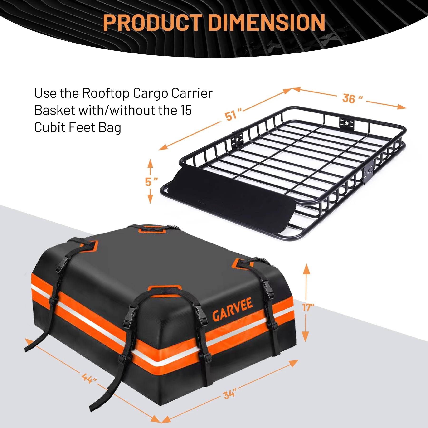 Garvee 51"x36" Universal Rooftop Cargo Carrier Basket – 200lbs Capacity Luggage Rack with Cargo Bag for SUV, Truck & Car