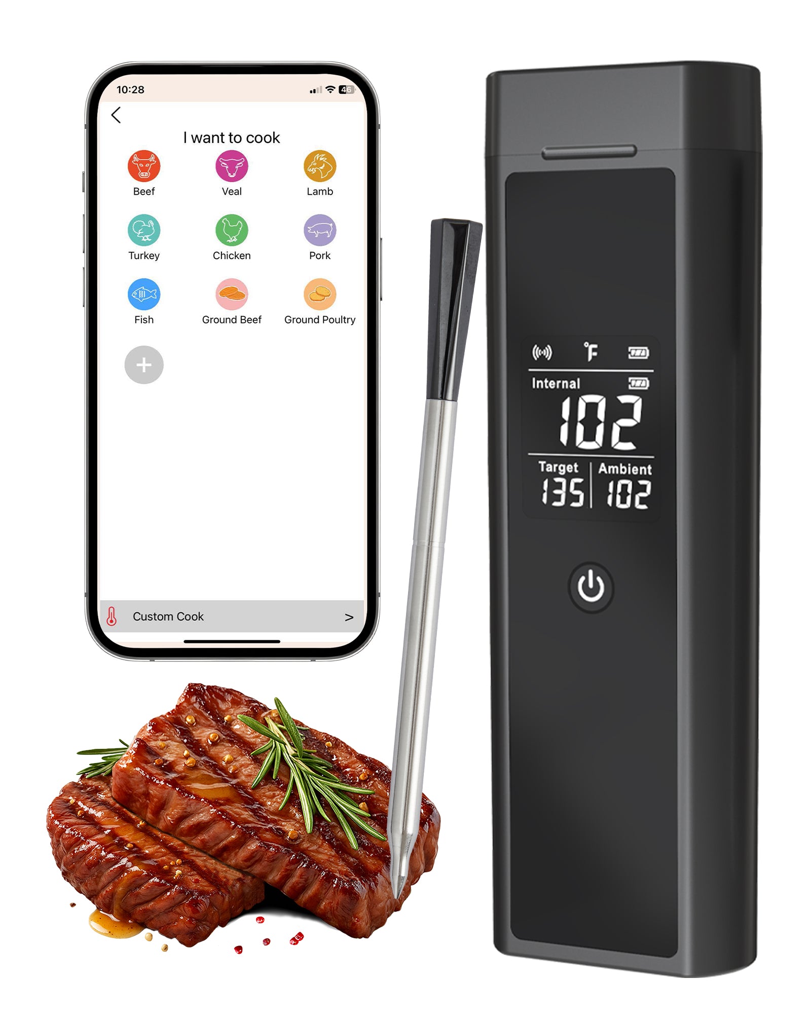 Garvee Dual‑Probe Wireless Meat Thermometer — Bluetooth 5.3 App Control, Dual Stainless‑Steel Probes, LED Display, USB‑C Fast Charge (48‑hr), Magnetic Back