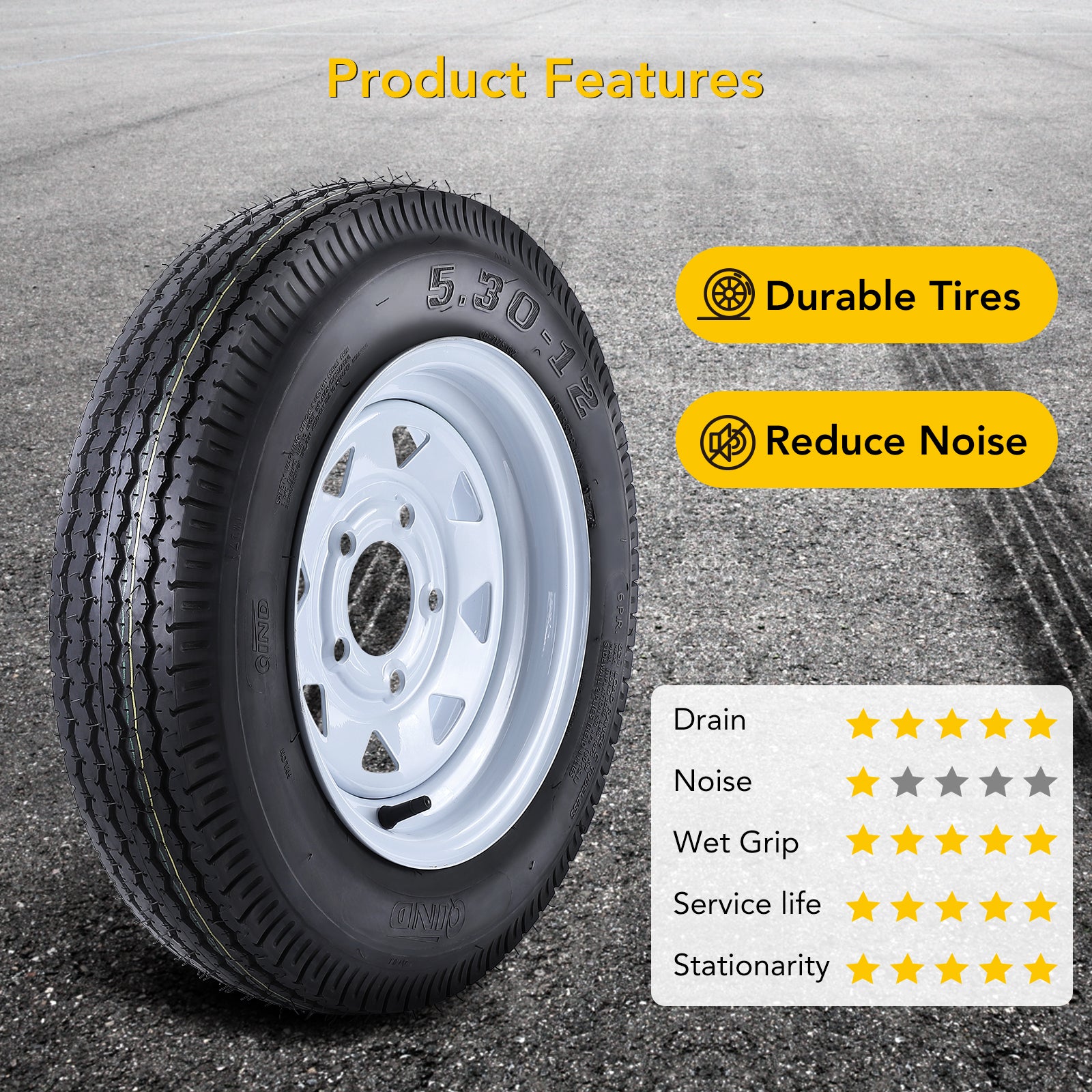 Garvee 2 Trailer Tires 5.30-12 with 12" Rims, 6PR, 5 Lug 4.5", Load Range C, Heavy Duty 6 Ply for Utility Cargo Boat Trailers, Black