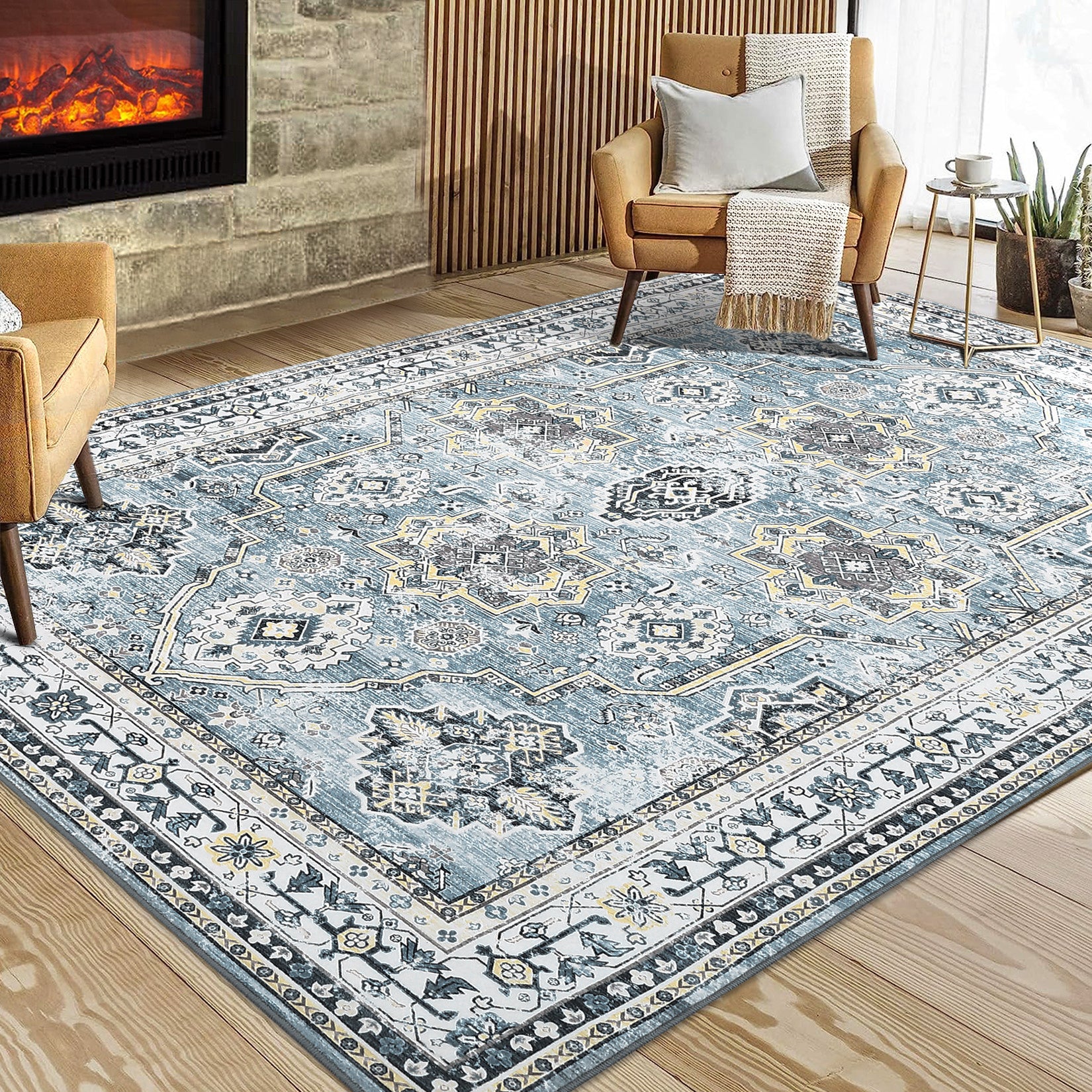 Garvee Blue 9x12 Washable Rugs for Living Room Boho Vintage Rug Non Slip Large Area Rug Soft Non Shedding Throw Rugs Stain Resistant Carpet for Bedroom Office Dining Room Nursery