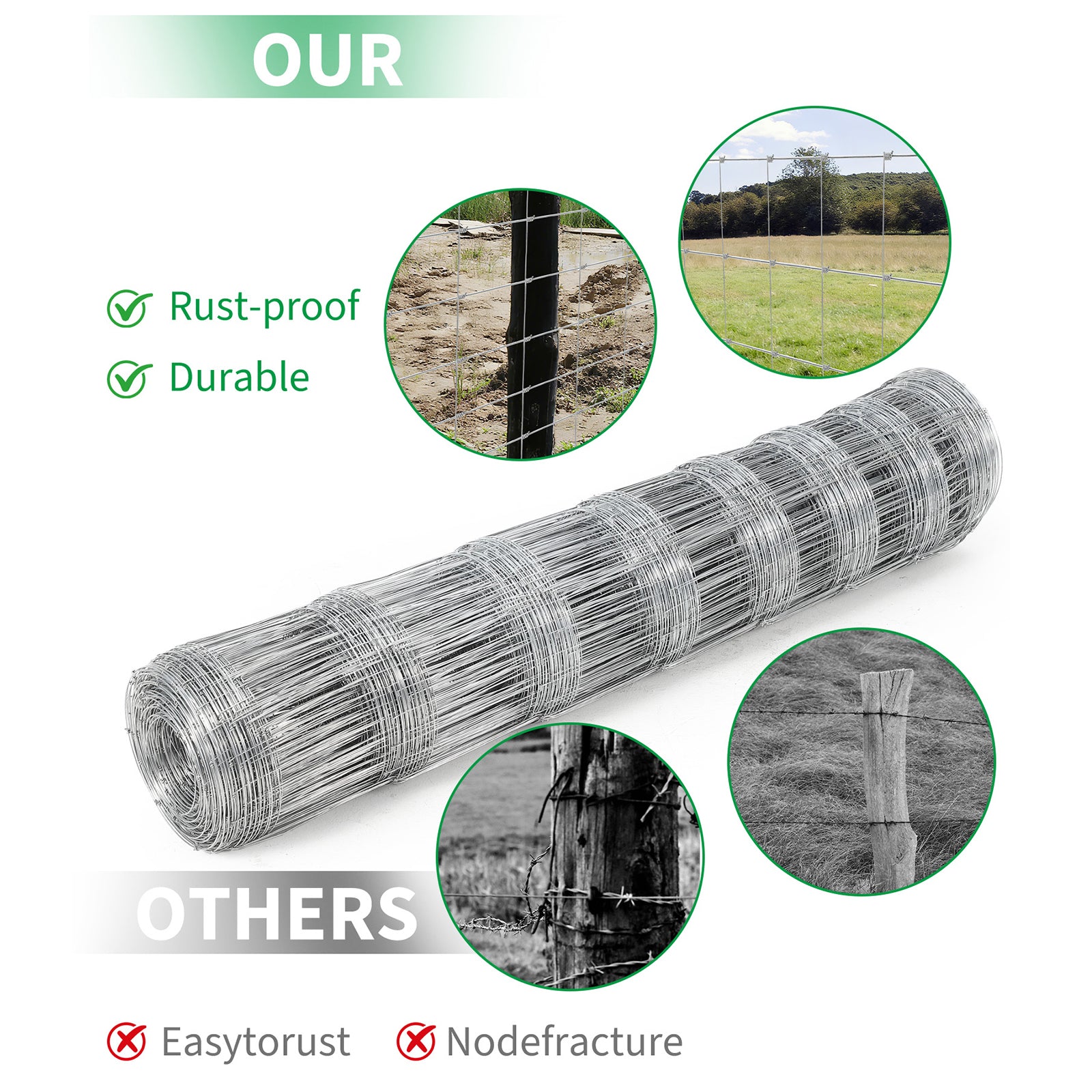 Garvee Cattle Farm Fence 4x164ft Galvanized 12-Gauge Wire Durable Woven Hinge Knot Multi-Animal Livestock Fence Farm & Field Use