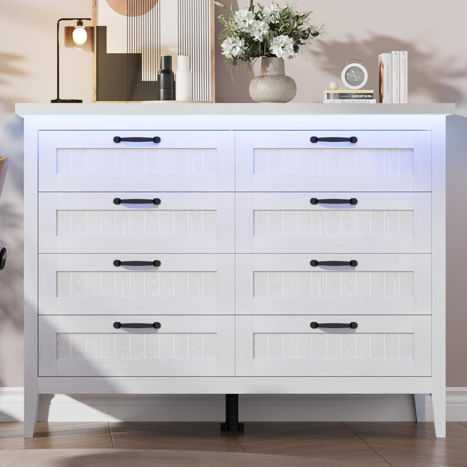 Garvee 8 Drawer Dresser with Power Outlet, White Dresser with LED Light, Modern Chest of Drawers for Closet, Double Wide Drawer Organizer Cabinet for Bedroom, Living Room