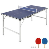 Garvee Portable Ping Pong Table, Foldable Mid-Size Table Tennis with Net, 2 Paddles, 3 Balls, Adjustable Feet, Aluminum Frame, Indoor Outdoor Use, Pre-Assembled - Blue