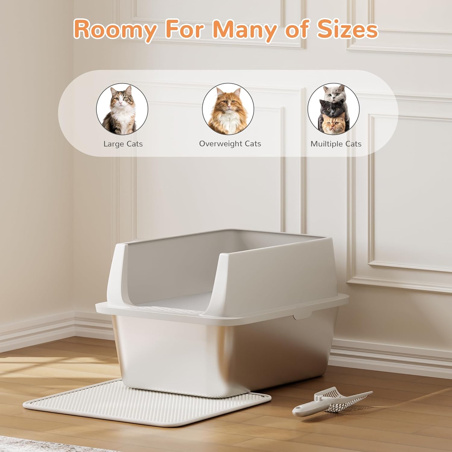 Garvee Extra Large Stainless Steel Litter Box, XLarge Open Cat Litter Box with High Sided Enclosure & Scoop & Litter Mat, Odor Free, Anti-Leakage, Metal Cat Box for Big Cats, 14"H
