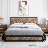 Garvee Full Size Bed Frame with 4 Storage Drawers, Metal Platform Bed Frame with Rustic Vintage Wood Headboard, Strong Metal Slats Support, No Box Spring Needed, Noise Free, Easy Assemble (Walnut) - Brown