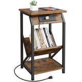 Garvee Vintage Wooden End Table with Charging Station, USB Ports, Outlets, Sturdy MDF, Metal Frame, Adjustable Feet, Living Room, Bedroom - Retro Color
