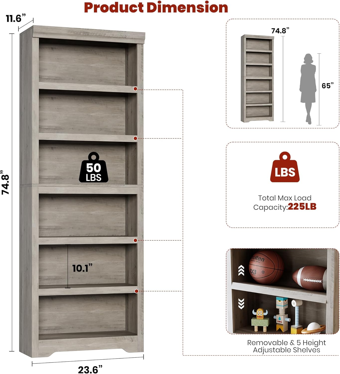 Garvee 6 Tier Bookshelf, 75" Tall Farmhouse Bookcase with Adjustable Shelves, 23.6" W Floor Standing Open Display Storage Rack with Anti-Slip Design for Home Office, Balcony, Library, Study / Living Room, Gray