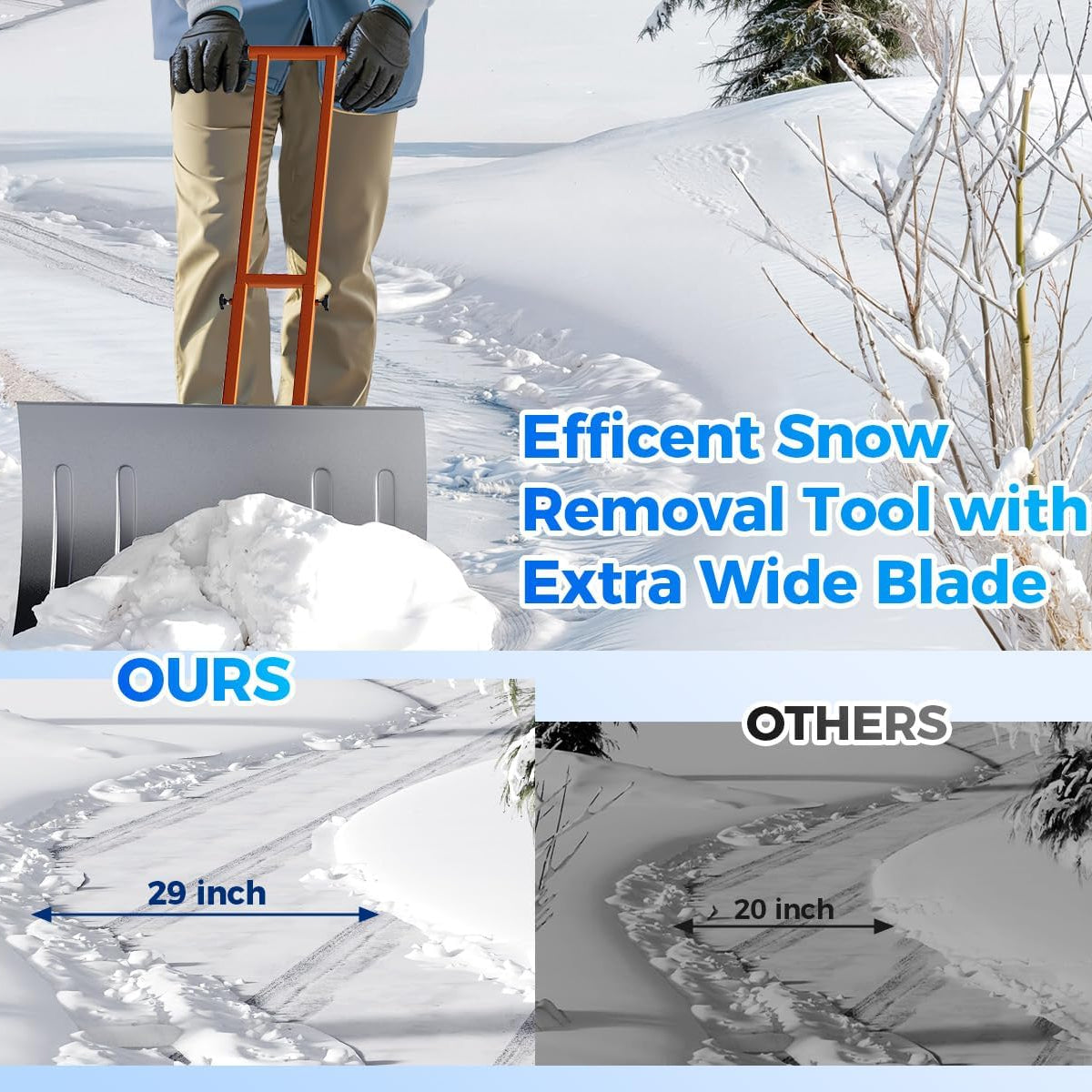 Garvee 29"W X 19.68"H Snow Pusher Shovel with Wheels,Heavy Duty Steel Snow Shovel with Wheels,Angled Blade Efficient Snow Removal With5-Position Angled Blade & Adjustable Handle for Doorway, Sidewalk,Sliver