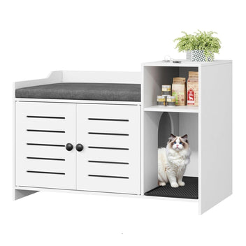 Garvee Cat Litter Box Enclosure, Hidden Litter Box Furniture with Litter Mat & Storage Shelf, Farmhouse Indoor Cat House Cabinet for Hallway, Bedroom, White