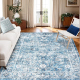 Garvee Persian Blue 5x7 Washable Vintage Floral Area Rug, Boho Non-Slip Indoor Foldable Carpet,Stain Resistant Distressed Print Mat for Living Room/Bedroom/ Kitchen/ Dining Room/Kids Room/Nursery - Blue
