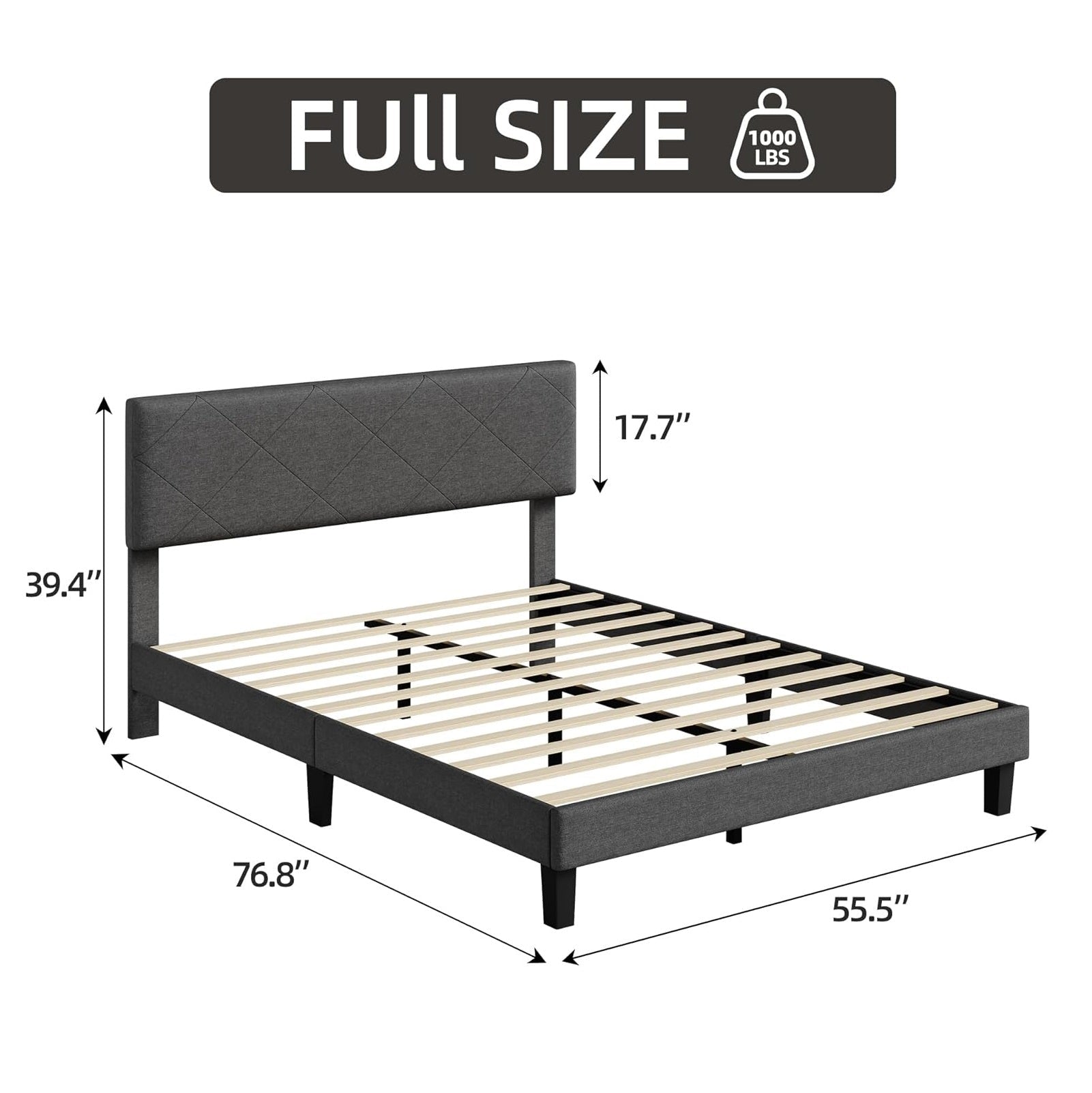 Garvee Full Size Bed Frame with Upholstered Headboard, Full Size Platform Bed Frame with Wooden Slat Support, Easy Assembly Platform Bed, No Box Spring Needed & Noise Free, Gray