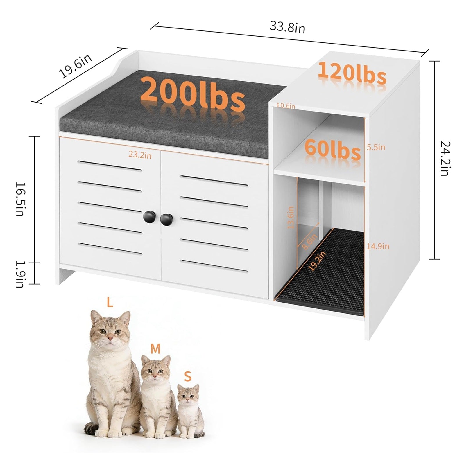 Garvee Cat Litter Box Enclosure, Hidden Litter Box Furniture with Litter Mat & Storage Shelf, Farmhouse Indoor Cat House Cabinet for Hallway, Bedroom, White