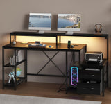 Garvee Office Desk with LED Light & Power Outlets, 63 inch Computer Desk with Monitor Stand and Printer Space, Gaming Desk with Drawers and Storage Shelves for Study Writing Working, Black - Black