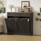 Garvee Double Tilt Out Trash Cabinet 20 Gallon,Hidden Wooden Trash Can Cabinet, Farmhouse Laundry Hamper Cabinet with Solid Wood Tabletop & Drawer, Pet Proof Trash Can, Wood Laundry Cabinet - Black