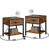 Garvee Nightstand Set of 2 with Charging Station, Retro Side Table with 1 Drawer, Open Storage Shelf and Safe Rounded Corners, Modern End Table Bedside Table for Bedroom Living Room Rustic Brown