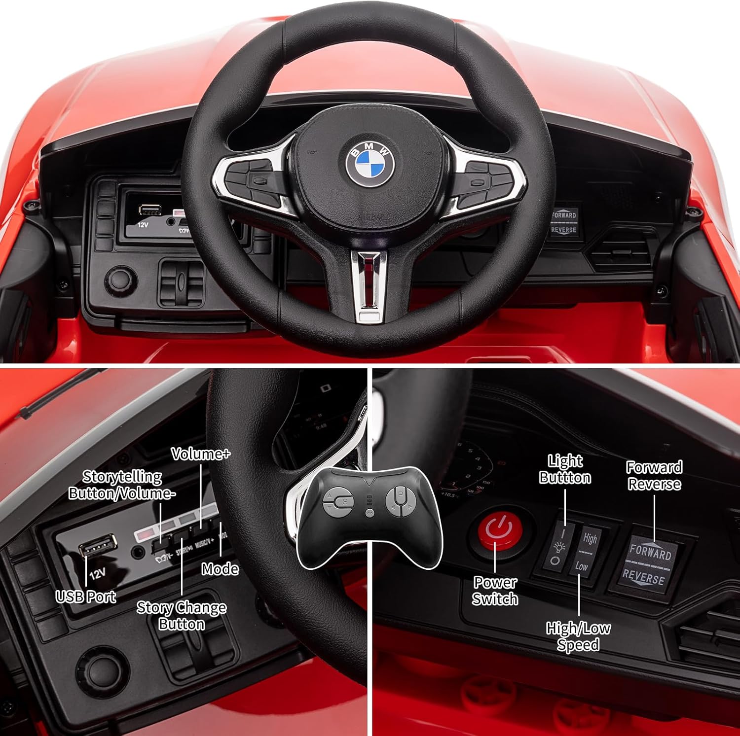 Garvee Ride - P Series: 12V Electric Ride On Car for 37-83 Months, w/RC,Licensed by BMW M4,Power Wheels for Boys Girls, with Suspension System,3 Speeds, Bluetooth, MP3, Double Door, LED Light - Red
