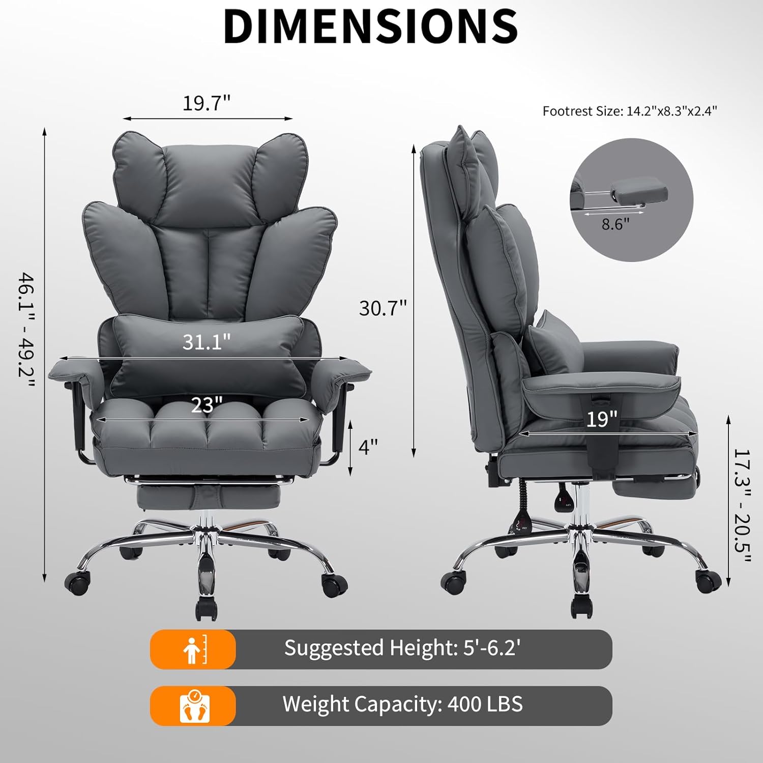 Garvee Ergonomic High-Back Executive Office Chair with Footrest, Padded Adjustable Armrest, Big and Tall Computer Gaming Desk Chair, 400 LBS Capacity, for Heavy People, Long Hours, Gray
