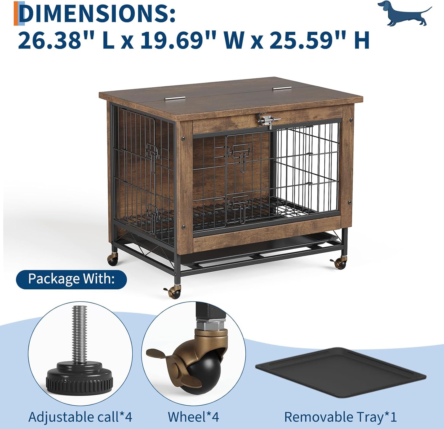 Garvee Small Dog Crate Furniture with 2 Doors and Wheels, Top-Opening Heavy Duty Wooden Indoor Kennel Dog House Cage with Anti-Chew, Removable Tray, Side End Table for Small Medium Dogs, Brown