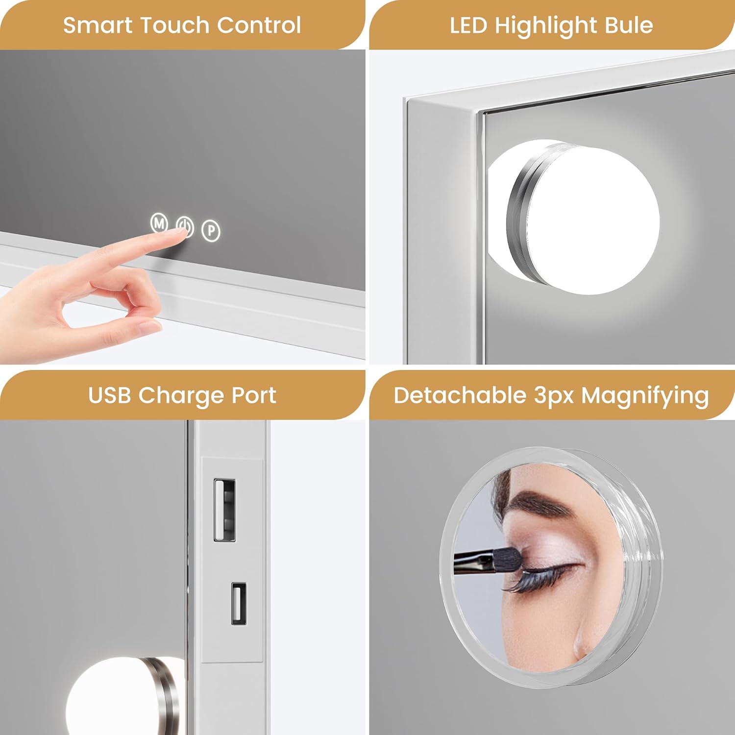 Garvee Vanity Mirror with Lights, Tabletop Lighted Mirror with 15 Dimmable LED Bulbs, Makeup Mirror with 3X Magnification, 3 Colors Modes,Touch Control, USB Charging Port, 23”x18”, White