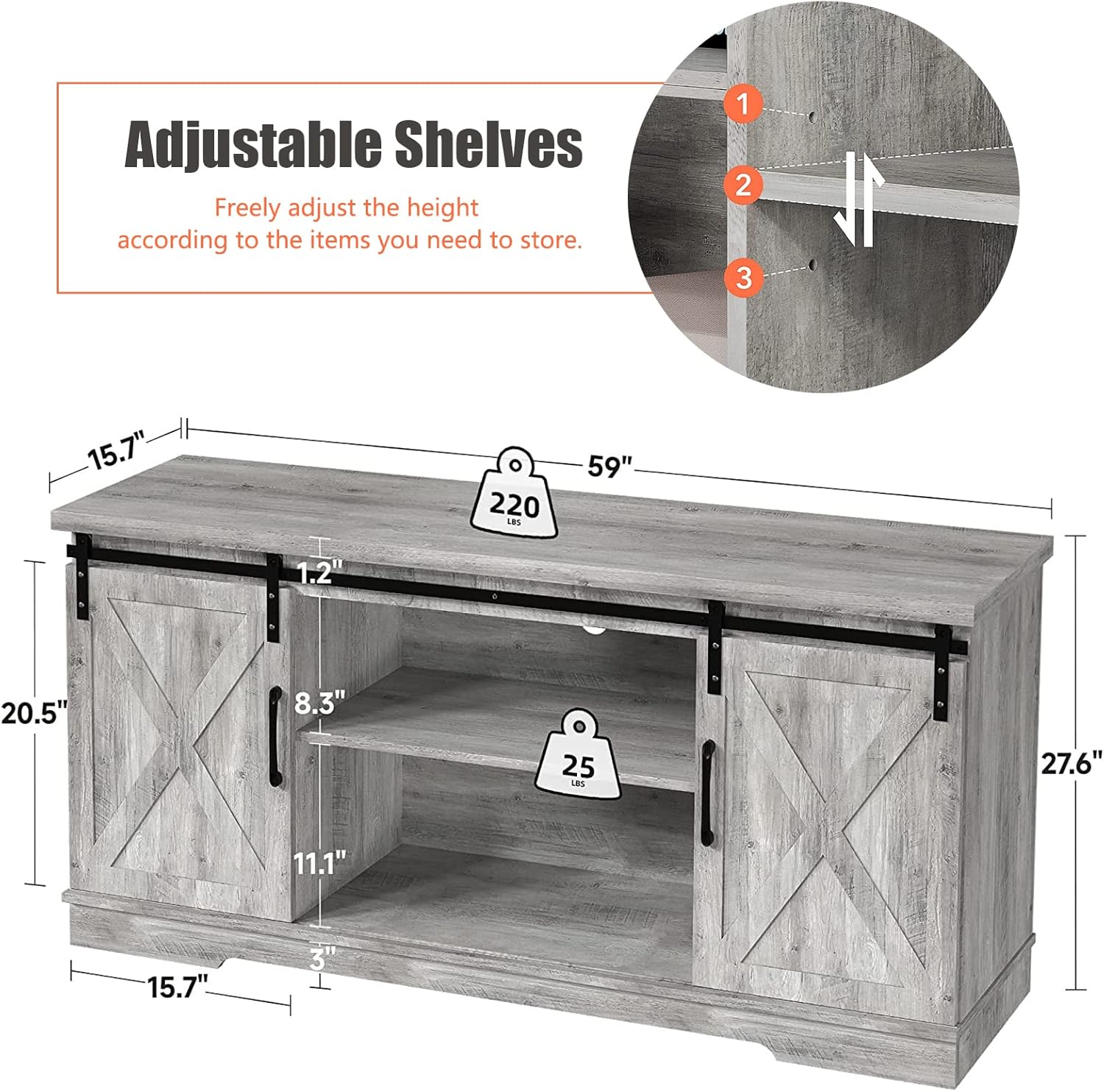 Garvee 59 inch Farmhouse TV Stand, Cabinet with Barn Doors, Wood Media Console for Living Bedroom, 250 lbs Capacity, Grey