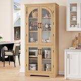 Garvee 70" Tall Kitchen Pantry Cabinet With 4 Arched Glass Doors, Adjustable Shelves, Natural Finish, Versatile Storage For Kitchen, Dining, Living Room - Natural