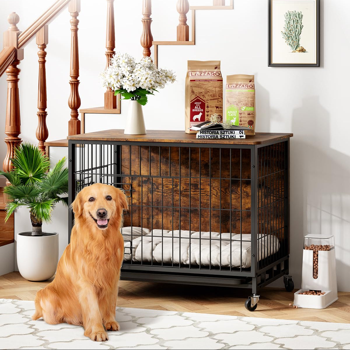 Garvee Dog Crate Furniture, Furniture Style Dog Crate with Removable Tray and Wheels, Heavy-Duty Double-Doors Dog Cage End Table, 27.2" Wooden Dog Kennel, Indoor Dog House, Brown
