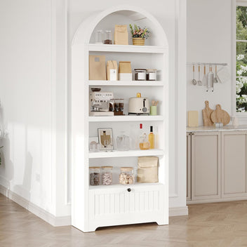 Garvee 72" Tall Arched Bookshelf with Storage Drawer – 6-Tier Bookcase Cabinet with Open Shelves & Metal Handle, Arch Display Storage Cabinet for Living Room, Kitchen, Home Office