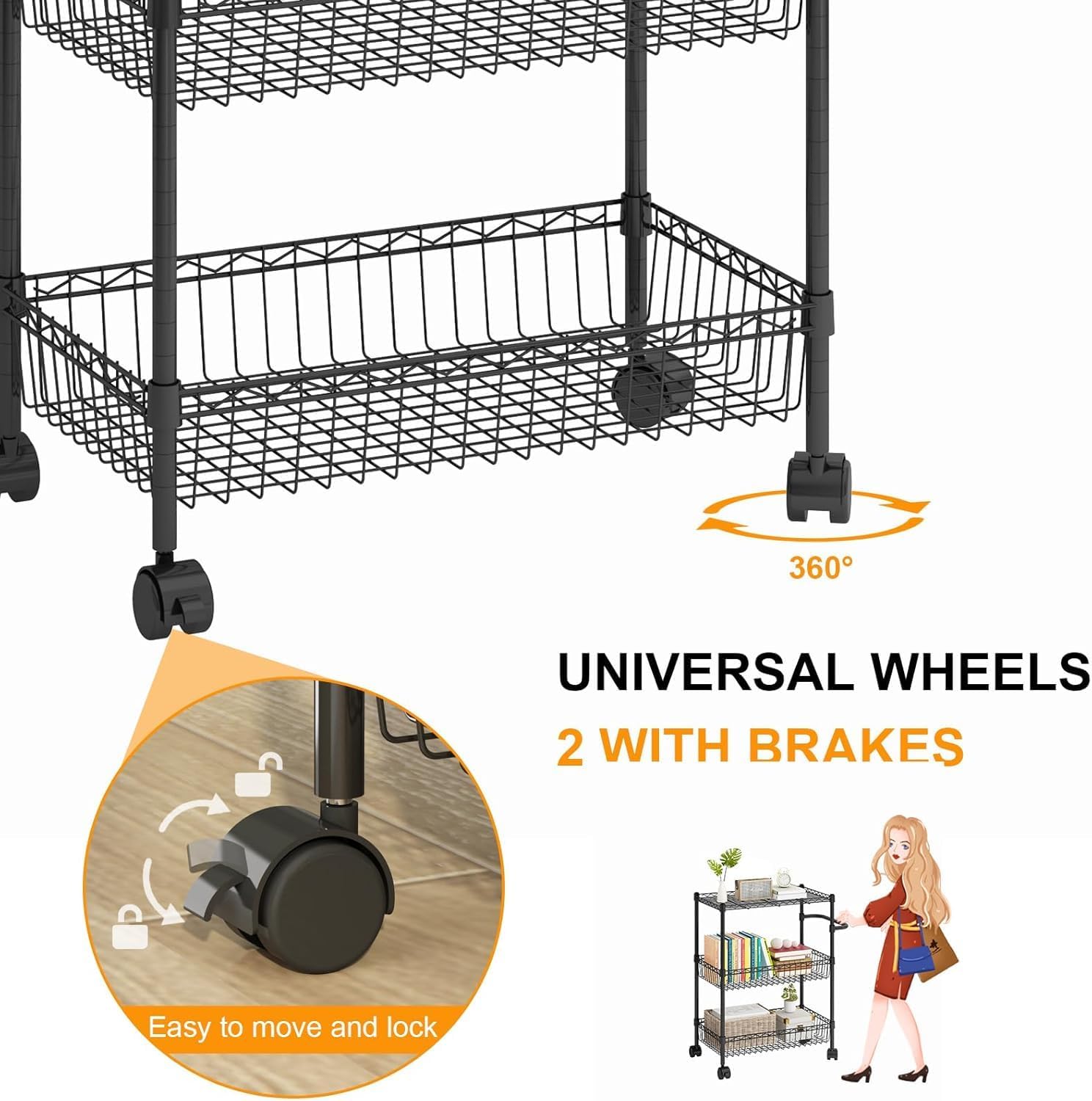 Garvee 3 Tier Rolling Cart, Metal Kitchen Cart On Wheels with Baskets, Wire Shelving Rolling Snack Storage Cart Utility Trolley with Handles for Kitchen Bathroom Office Laundry, Black