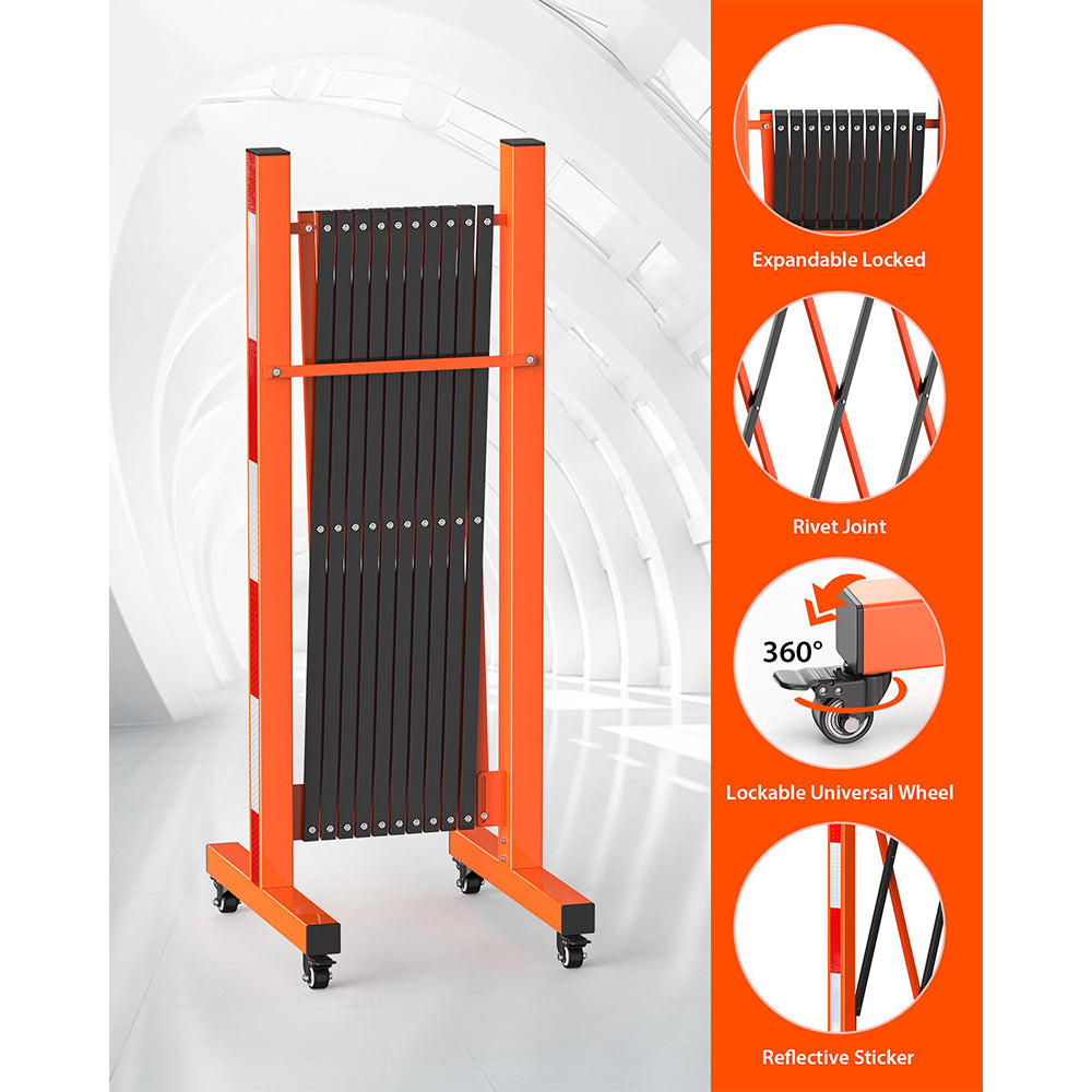 Garvee Metal Expandable Barricade, 11 Ft Folding Security Gate, High Strength Steel Expandable Barricade Gate Outdoor, Industrial Expandable Barricade Gate with Casters, Orange&Black