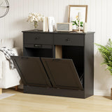 Garvee Double Tilt Out Trash Cabinet with Deodorizing Function, 20 Gallon Wooden Laundry Trash Can Cabinet with 2 Drawers, Farmhouse Hidden Pet Proof Garbage Can for Kitchen, Black - Black