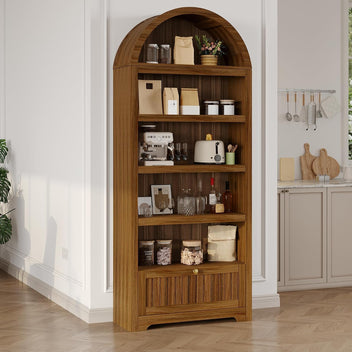Garvee 72" Tall Arched Bookshelf with Storage Drawer – 6-Tier Bookcase Cabinet with Open Shelves & Metal Handle, Arch Display Storage Cabinet for Living Room, Kitchen, Home Office