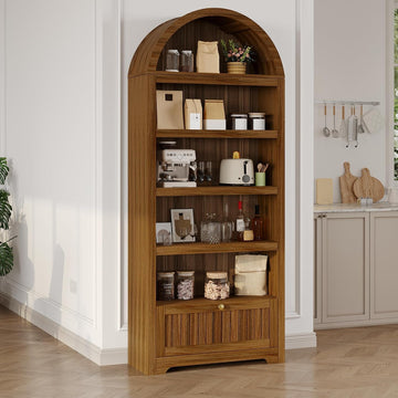 Garvee 72" Tall Arched Bookshelf with Storage Drawer – 6-Tier Bookcase Cabinet with Open Shelves & Metal Handle, Arch Display Storage Cabinet for Living Room, Kitchen, Home Office
