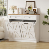 Garvee Double Tilt Out Trash Cabinet 20 Gallon,Hidden Wooden Trash Can Cabinet, Farmhouse Laundry Hamper Cabinet with Solid Wood Tabletop & Drawer, Pet Proof Trash Can, Wood Laundry Cabinet - White