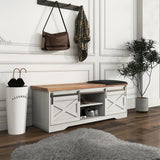 Garvee Shoe Bench Entryway with Storage & Cushion, Adjustable Shelf, 2 Barn Sliding Doors, for Entryway Living Room Bedroom, Padded Seat Cushion - Fashion White
