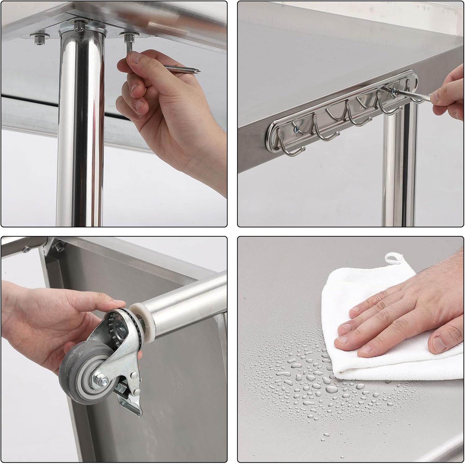 Garvee 48"L x 24"W x 35"H Stainless Steel Work Table Heavy Duty Prep Table with Undershelf, High Load Bearing Metal Table, Commercial Worktable with Backsplash, 4 Wheels, Hooks for Kitchen