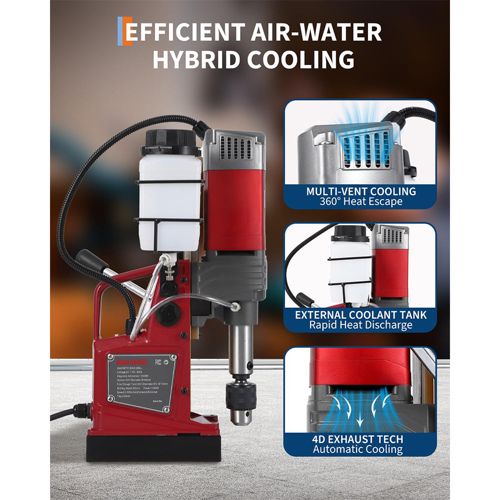 Garvee Portable Magnetic Drill Press Kit - 2" Boring Diameter, 1550W, 10-Speed Mag Drill, 820 RPM, 14,000N Magnetic Force, Double Dovetail Guide with Adapter & Bits for Steel and Metal Drilling