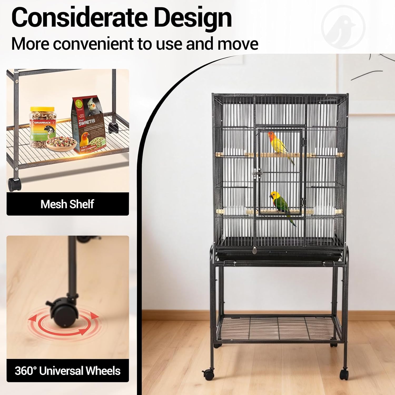 Garvee Bird Cage with Wheels, 53 Inch Bird Flight Cage, Wrought Iron Standing Large Parrot Parakeet Flight Birds Cages with Slide Out Tray Parrot Metal Parakeet Cages with Wooden Perches Black