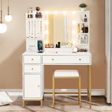 Garvee Vanity Desk with Mirror, Makeup Vanity Table with Chair & Charging Station, Dressing Table with Drawers & Storage Shelves, Vanity Table Set for Bedroom Dressing Room, 3 Lighting Modes