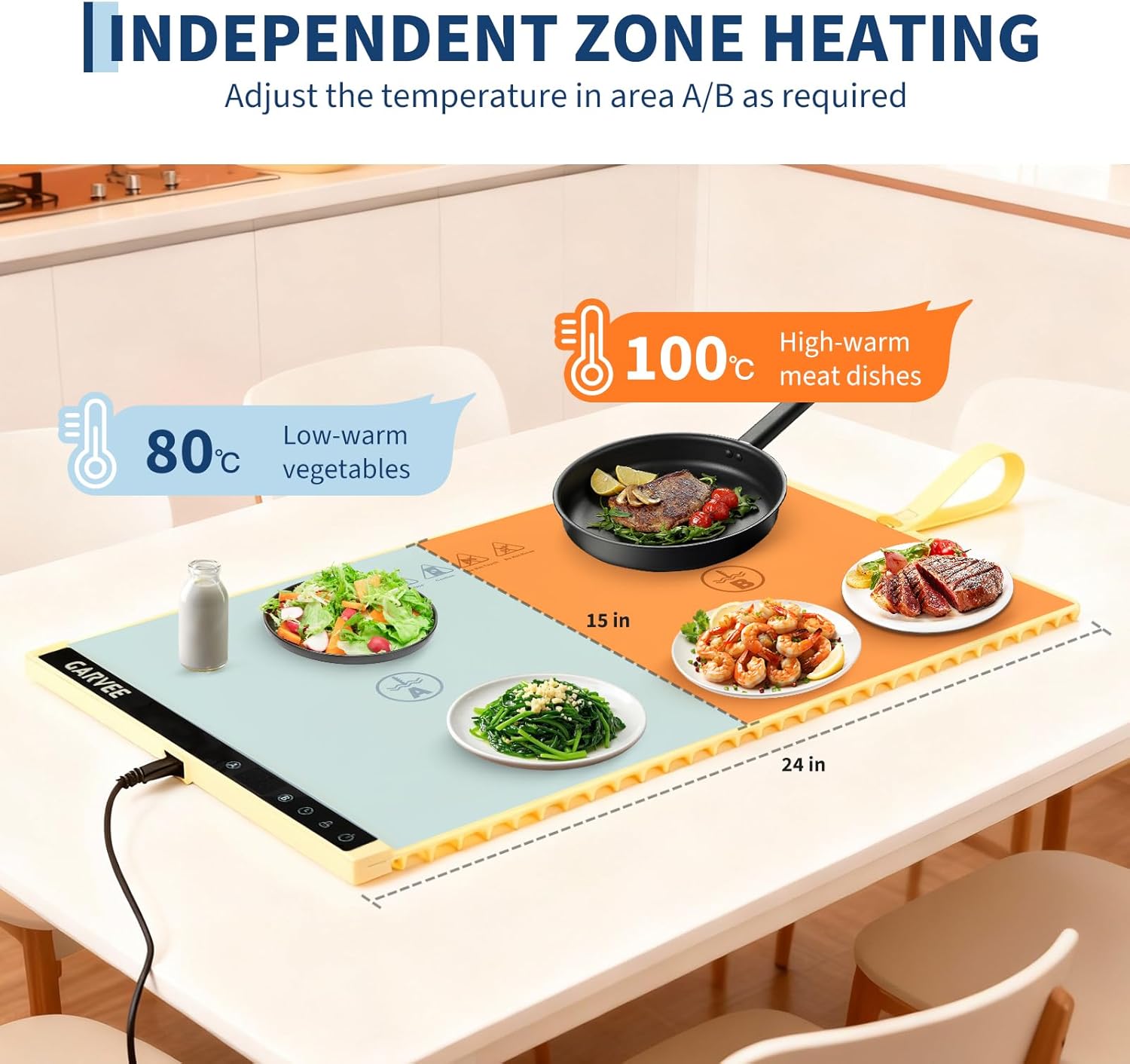 GARVEE 2-Zone Heating Food Mat - 24"X15" Warming Mat for Food Rollable Full-Surface Warmer with 6 Temp Settings & 3H Timer, Anti-Slip Heat-Insulated Pad for Meals (Cream)